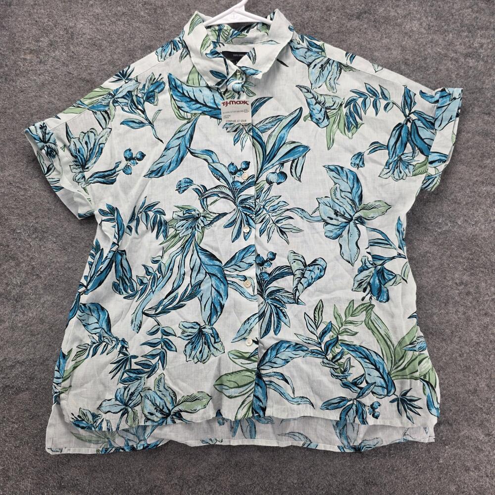 Tahari Button-Up Womens S White Floral Linen Collared Short Sleeve Casual